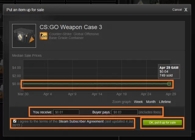 ภาพตัวอย่างการตั้งราคาขายบนSteam Community Market - KUBET Game